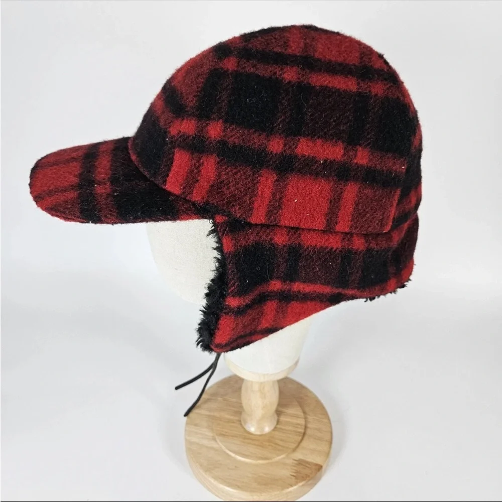 Vintage Eddie Bauer Wool Trapper Hat with Ear Flaps — Red & Black Buffalo Plaid - Picture 6 of 9